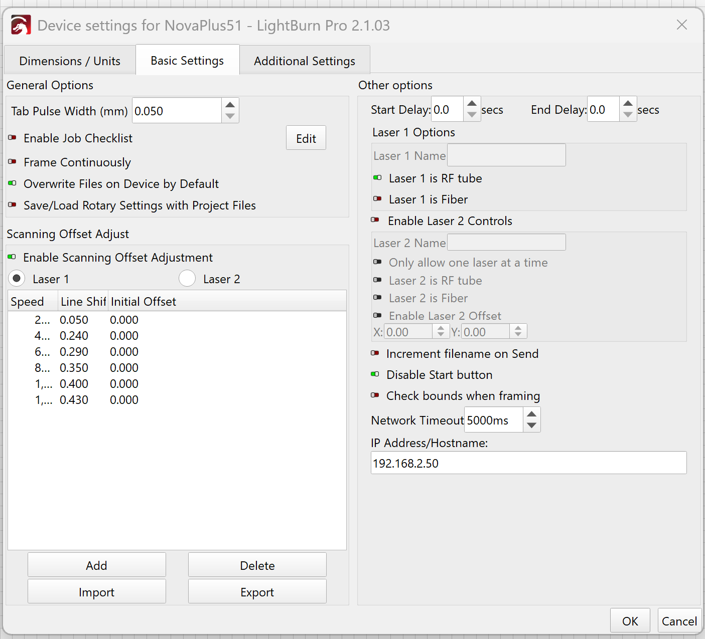 Lightburn Device Settings>Basic Settings V2.1.03