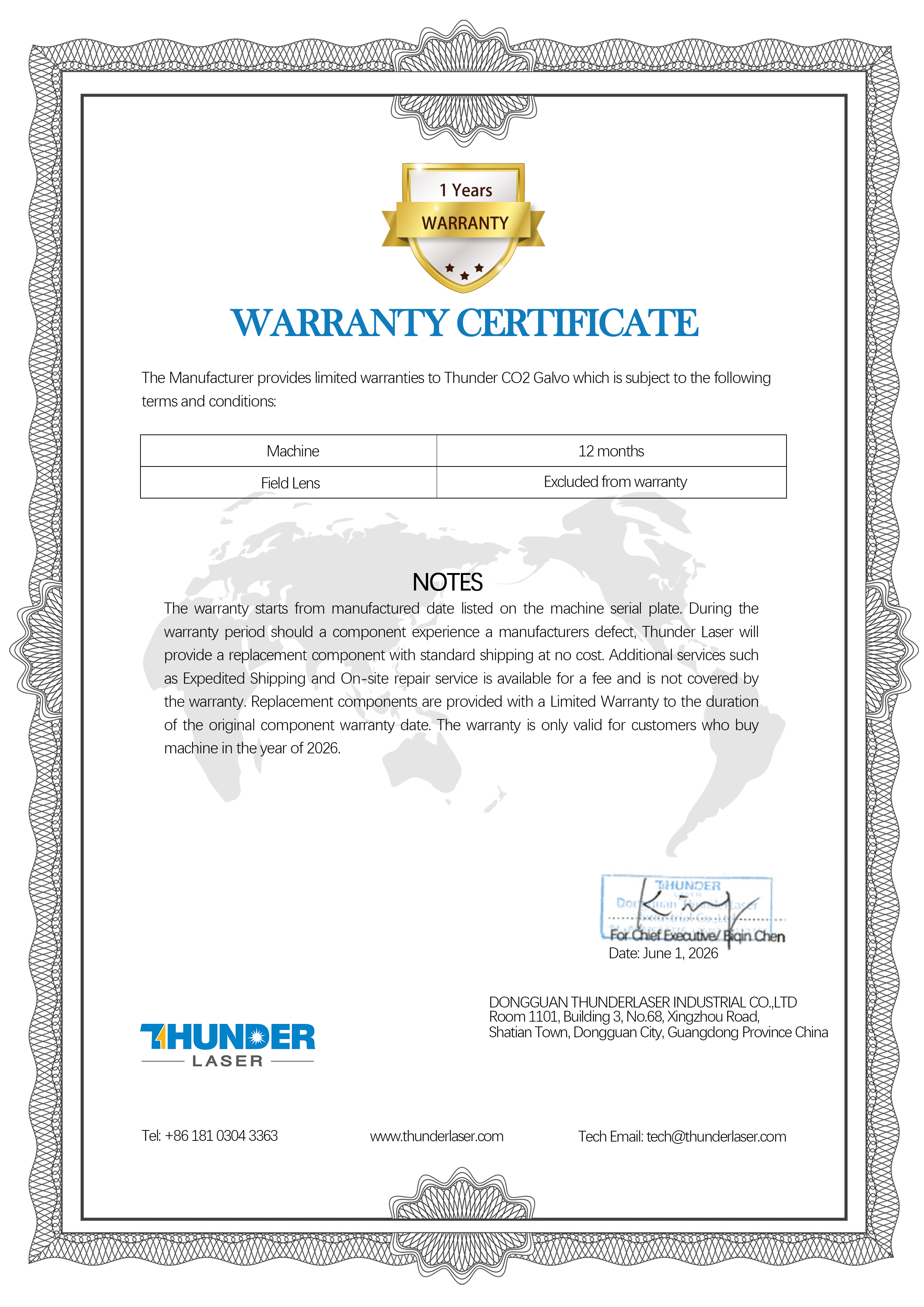 Thunder Galvo CO2 Warranty 2026