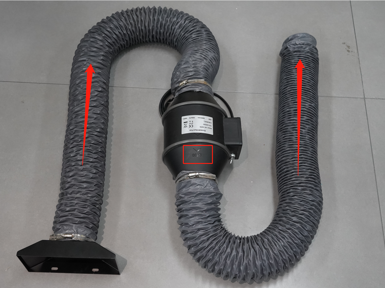 Exhaust duct and flange connected to the fan, with airflow direction