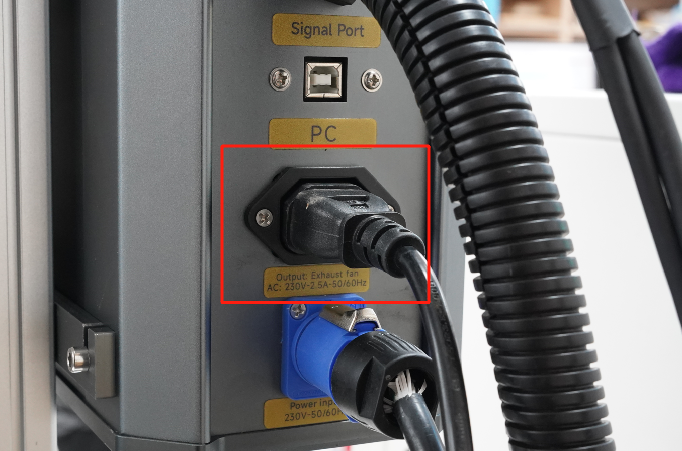 Exhaust fan power cable plugged into the Controller Case