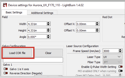 Lightburn device settings Cor file