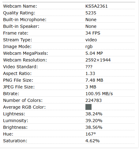 Camera test results from WebCamTests.com