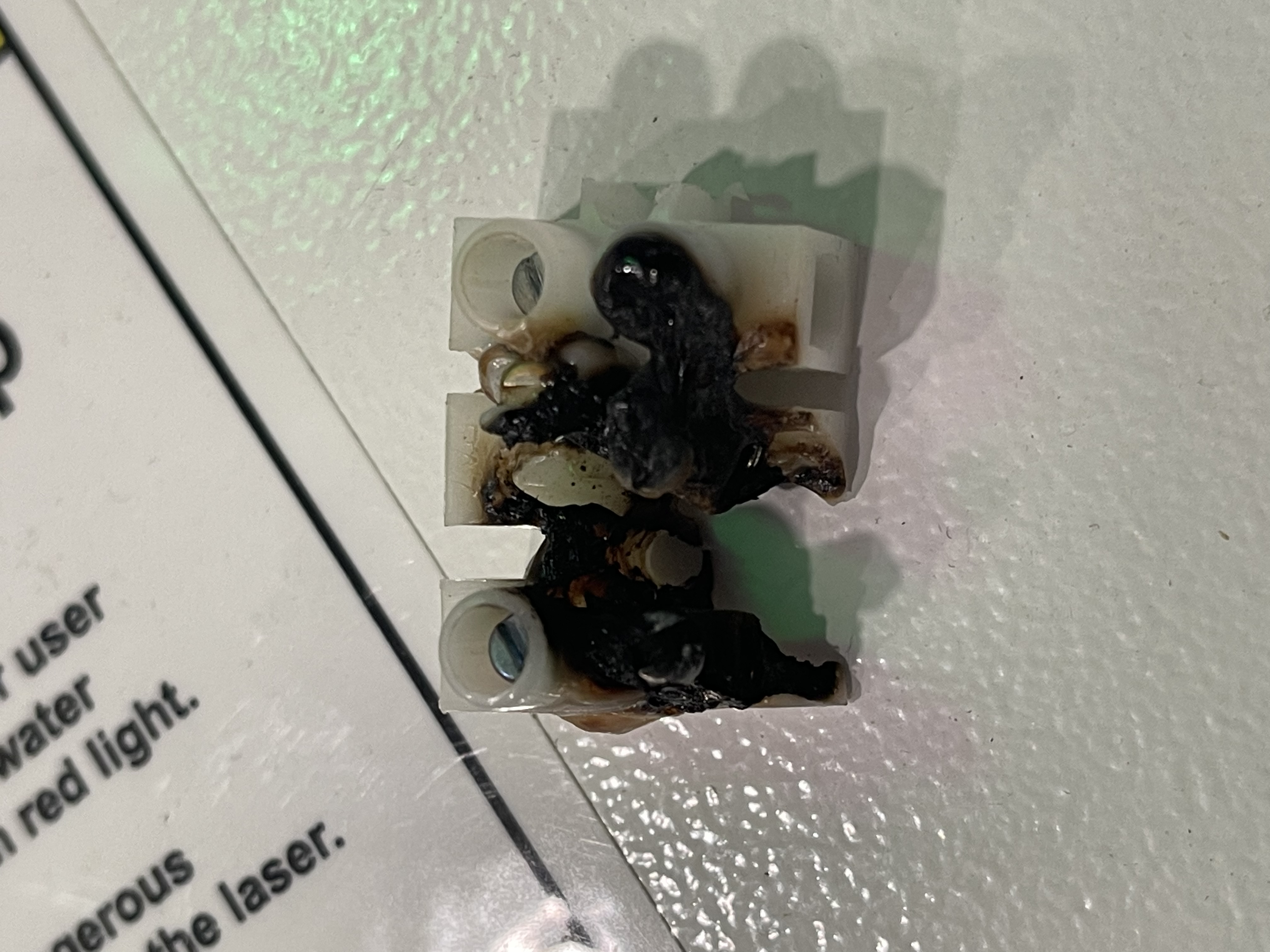 Terminal block showing thermal damage from a poor connection
