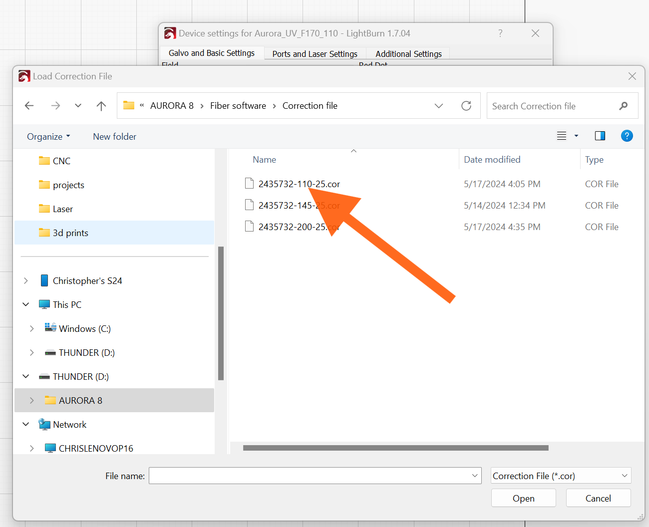 COR file selection dialog
