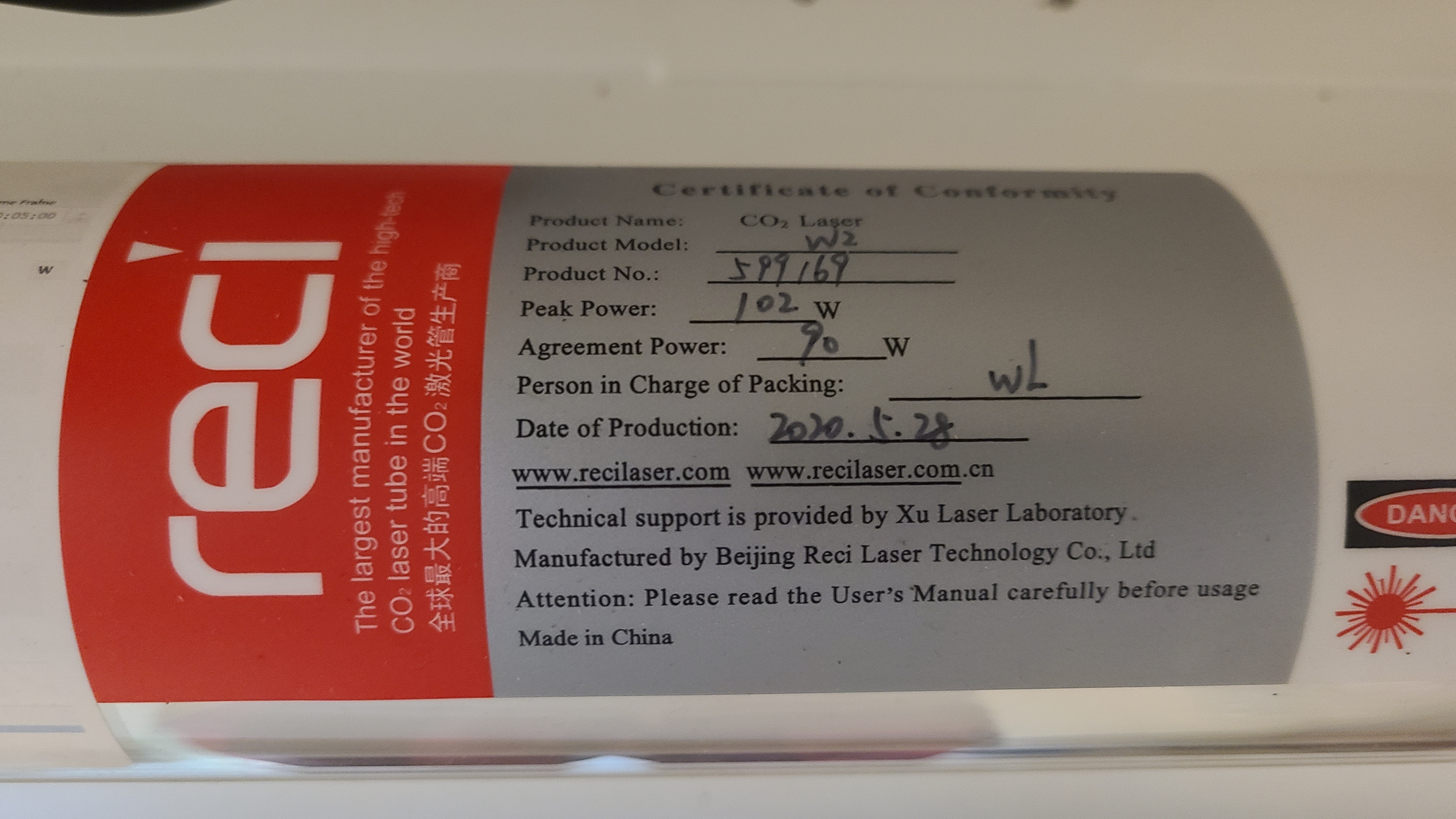 RECI 80w tube label example