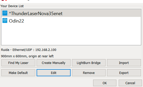 Nova 35 LightBurn device configuration