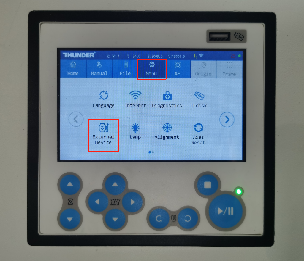 Menu screen showing the External Device icon location