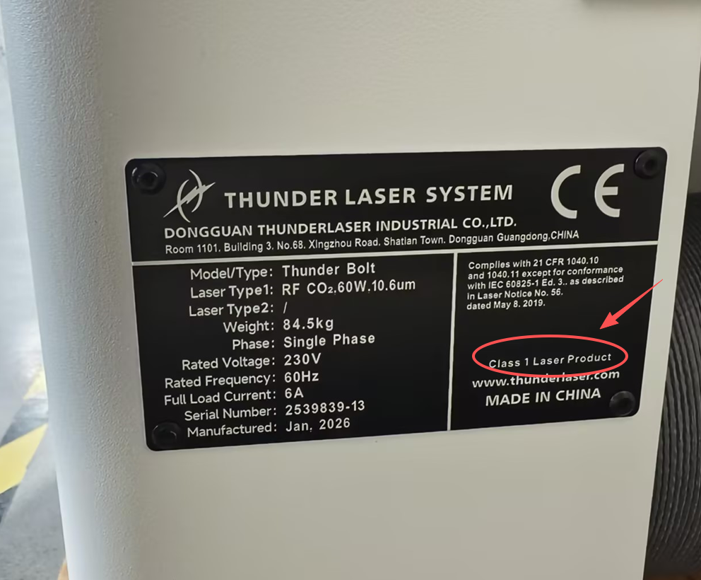 Machine serial plate showing Class I identifier