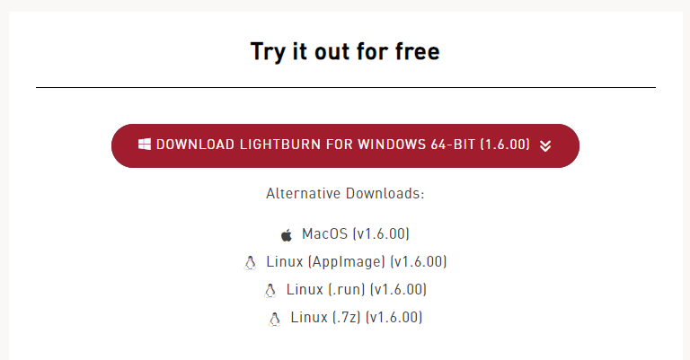 Lightburn download page screenshot