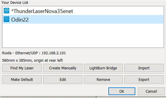 Odin 22 LightBurn device configuration