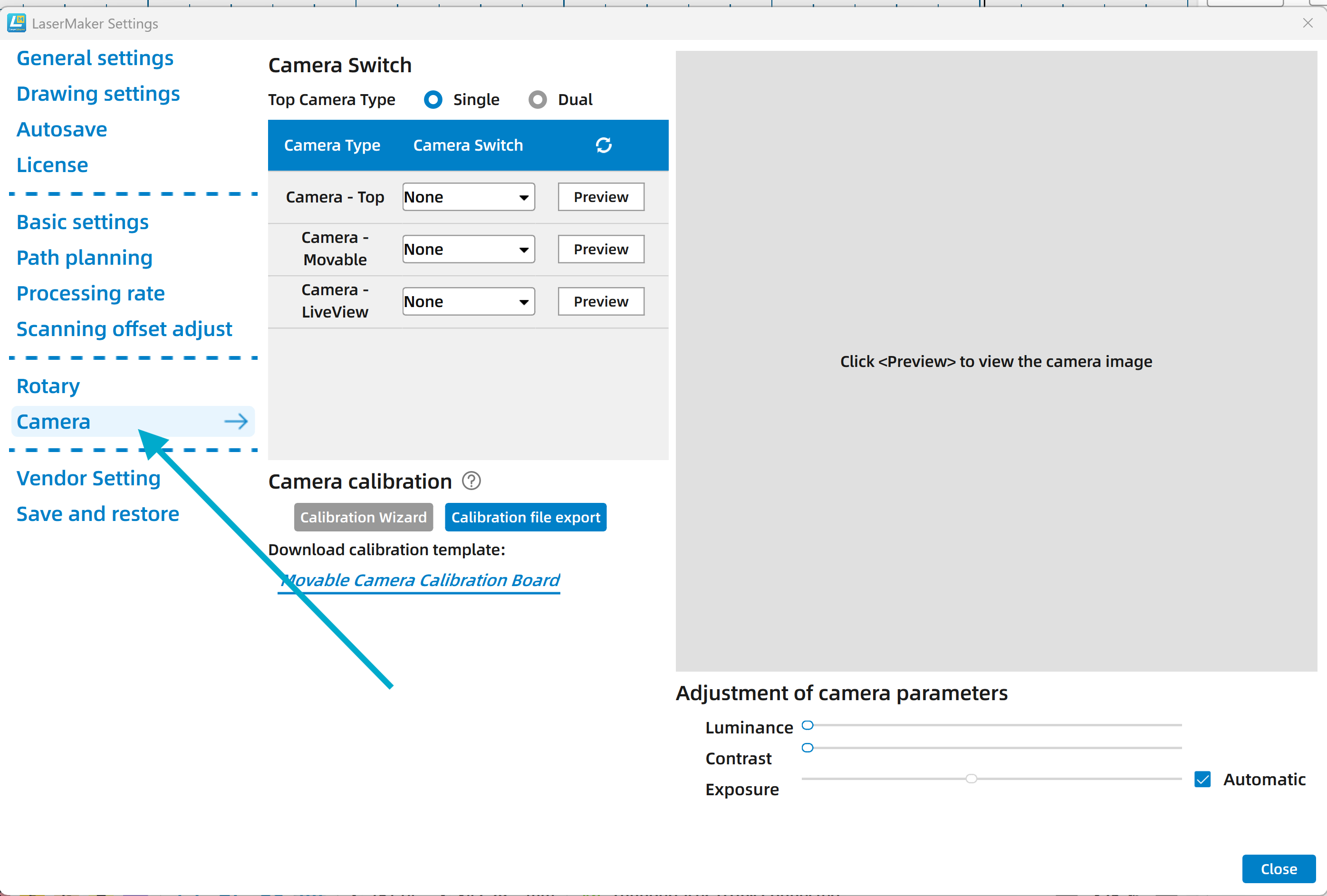 Select the Camera tab