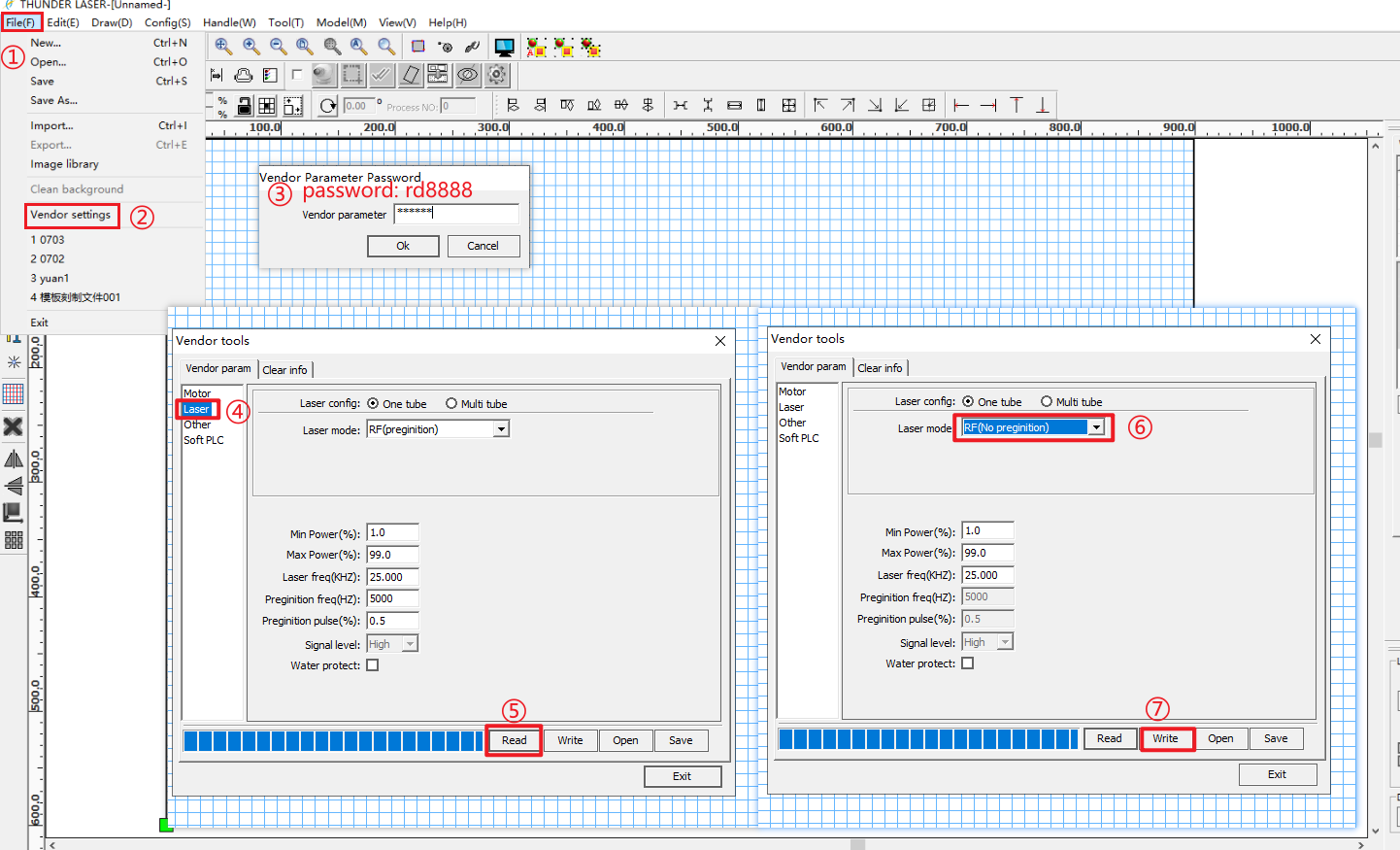RDWorks Vendor Settings Laser tab showing RF Laser (No Pre-ignition) selected