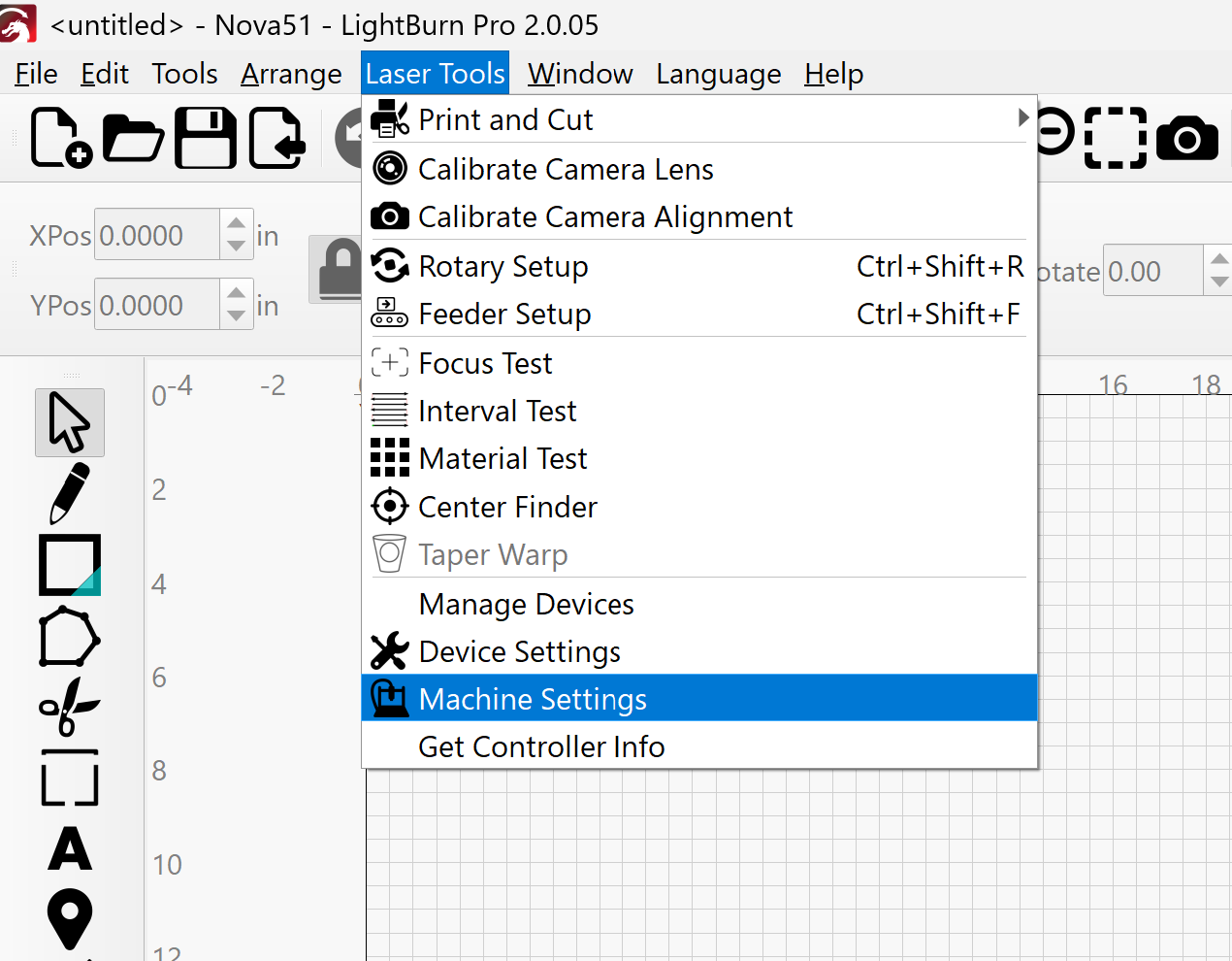 LightBurn Machine Settings menu