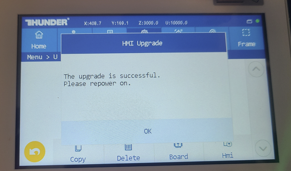 Screen upgrade complete message