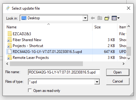 File selection dialog for .upd firmware file