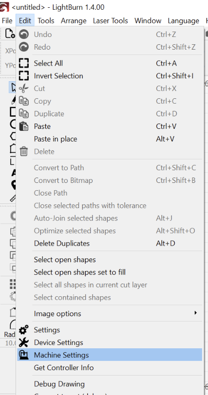 Lightburn Machine Settings menu