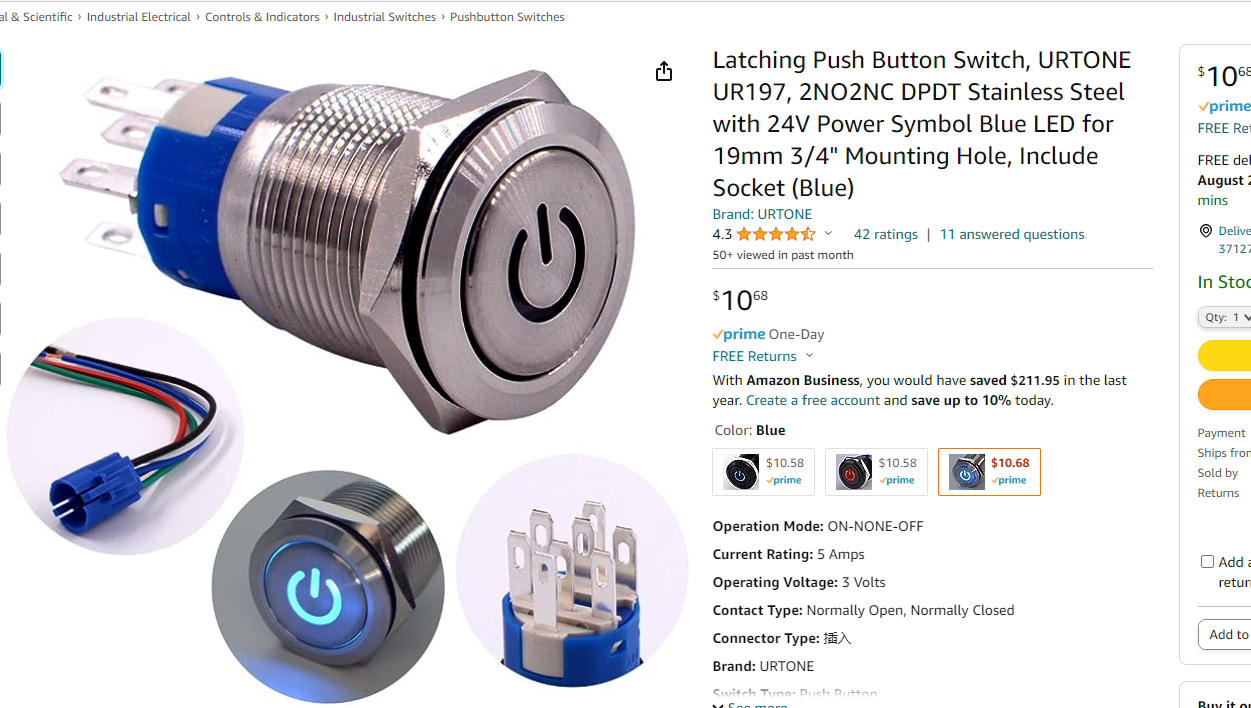 Latching pushbutton switch with LED indicator