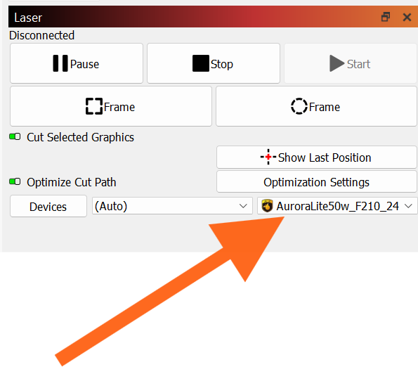 Laser window dropdown showing newly created device