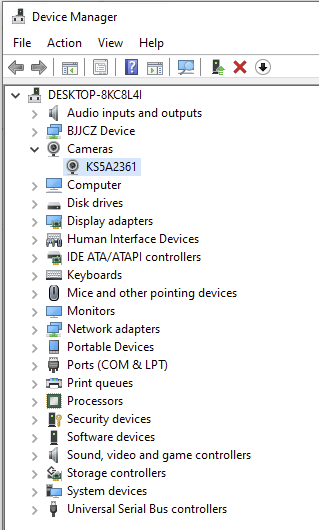 Windows Device Manager showing camera