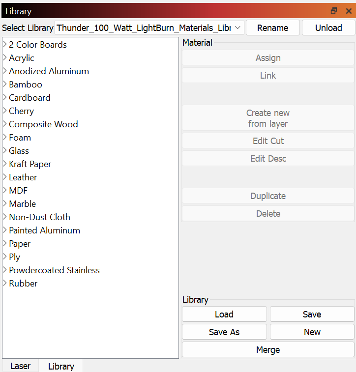 100 Watt LightBurn material library preview