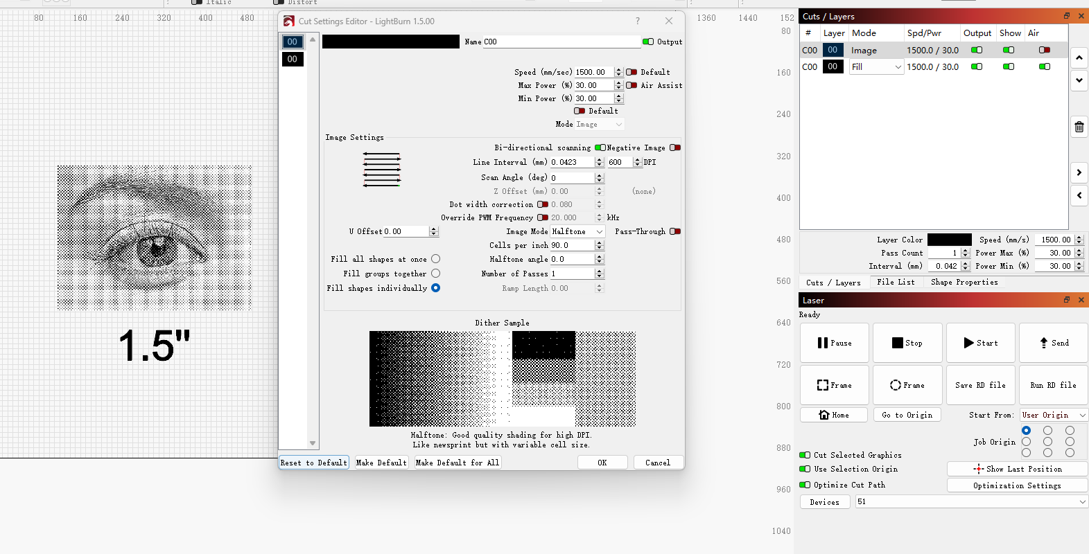 Engraving test parameters screenshot