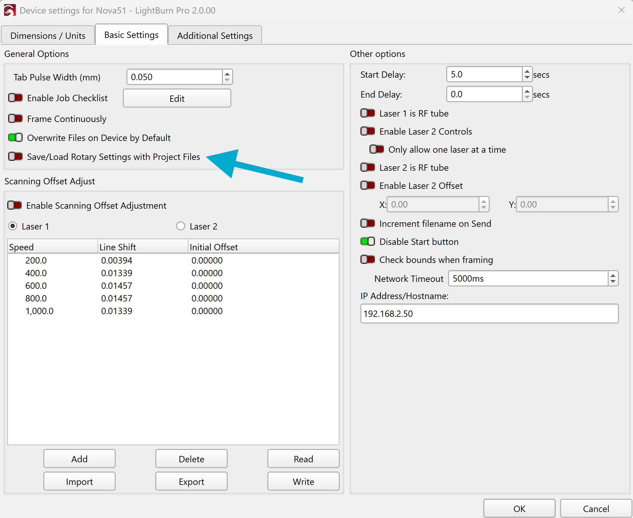 Lightburn V2.0 Rotary settings save option