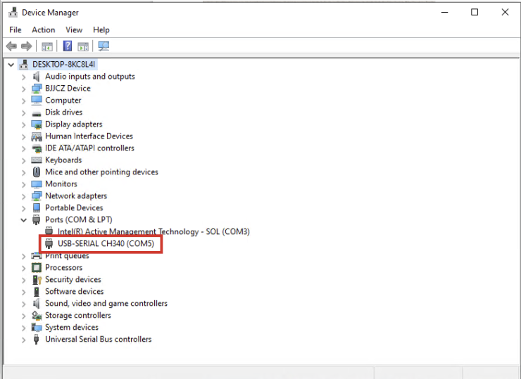 Windows Device Manager showing CH340 port