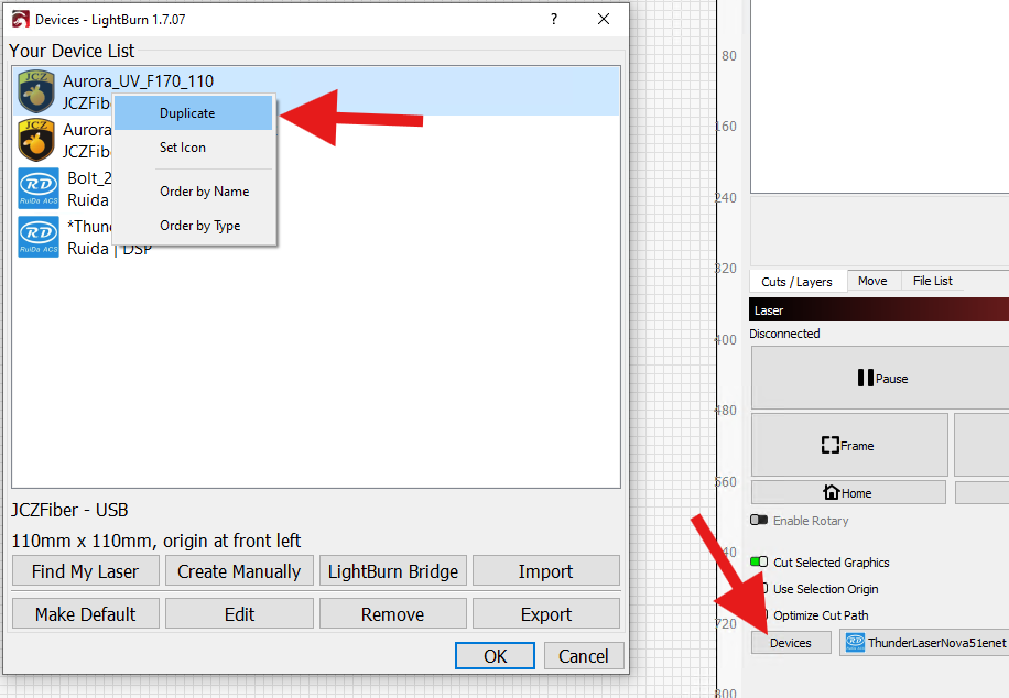 Duplicate device profile in Lightburn
