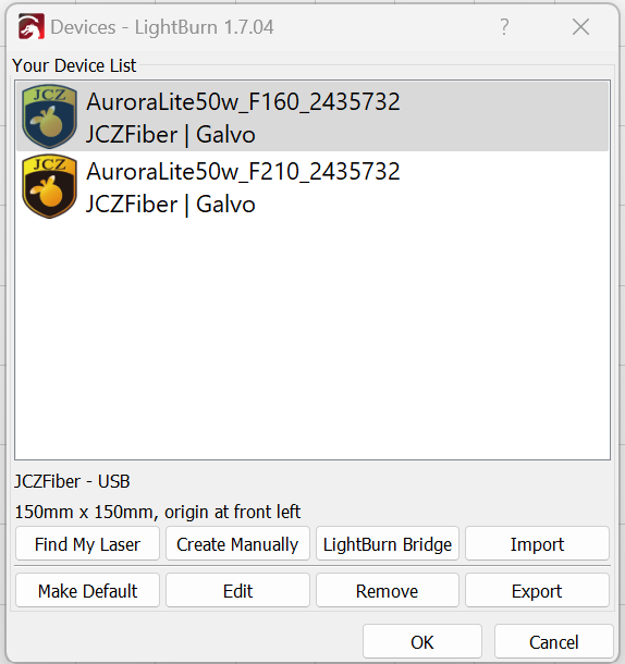 Multiple device profiles shown in Lightburn device list