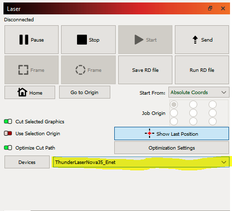 LightBurn laser device selection dropdown