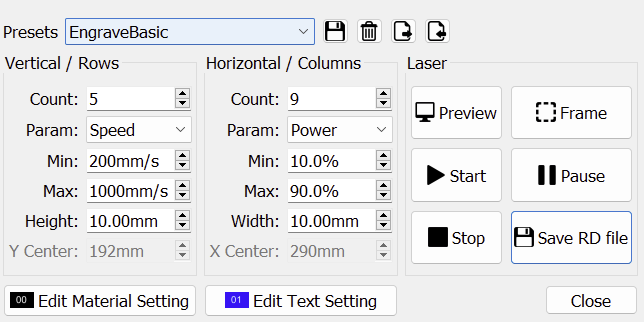 LightBurn Material Test Engrave Basic Settings