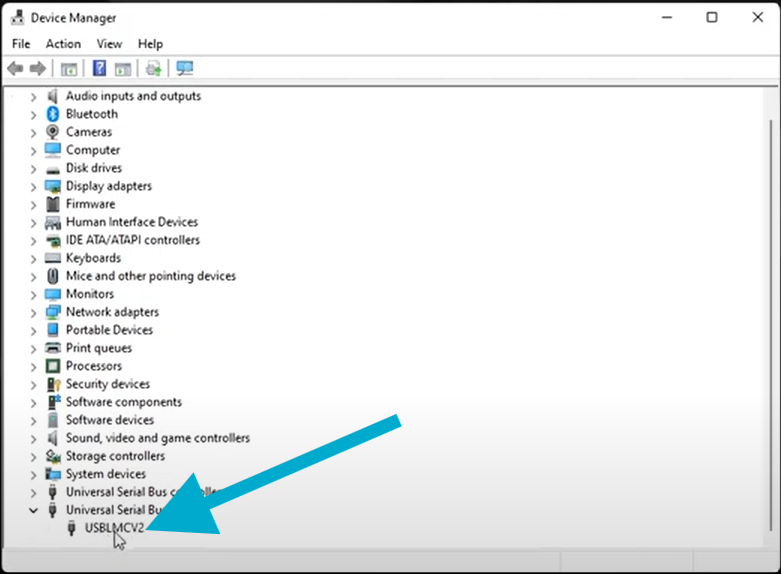 Correct driver installed - USBLMCV device shown in Device Manager