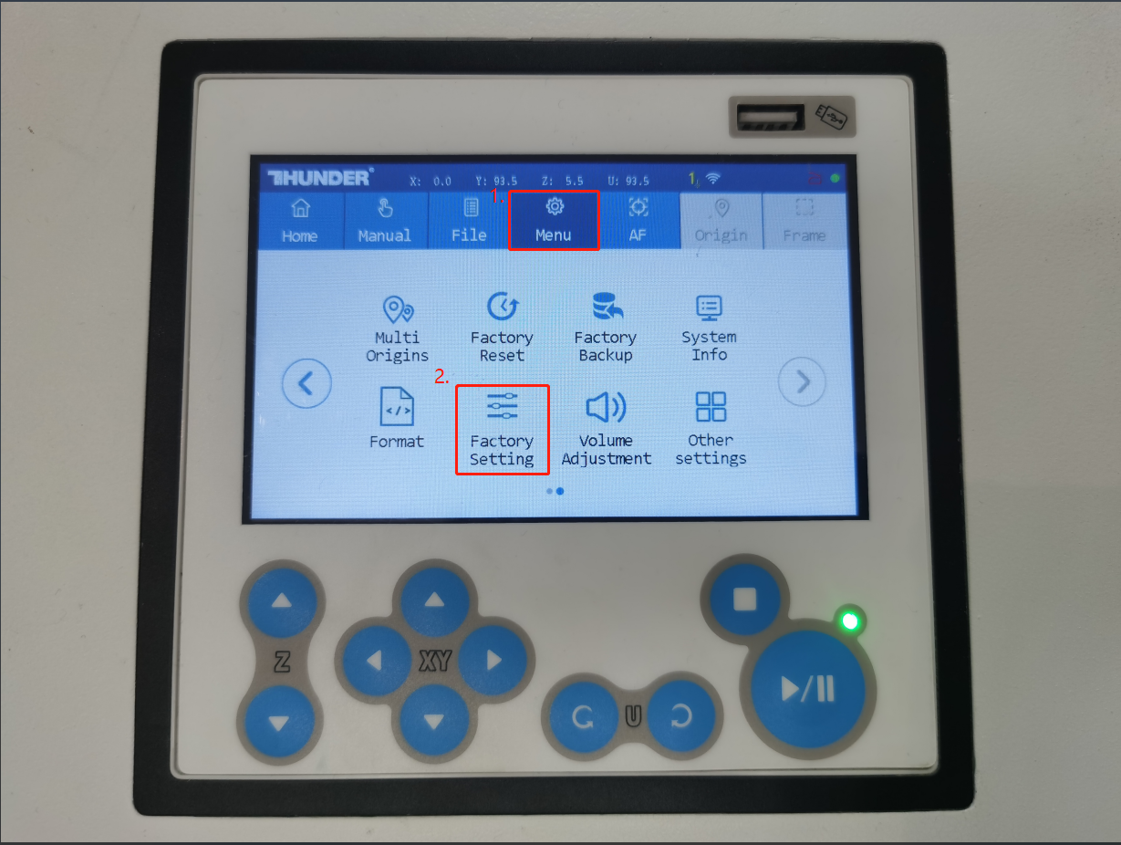 Factory Setting menu on touchscreen