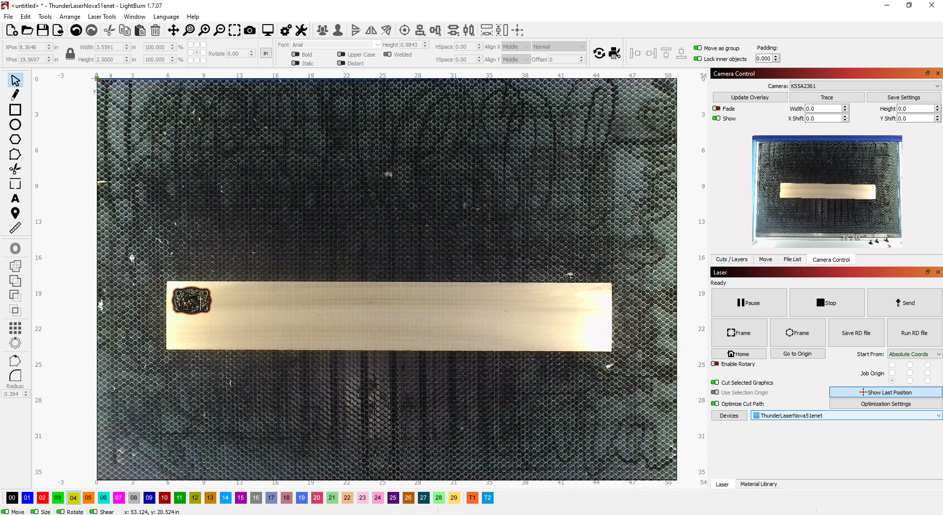 Artwork placed over camera overlay in LightBurn
