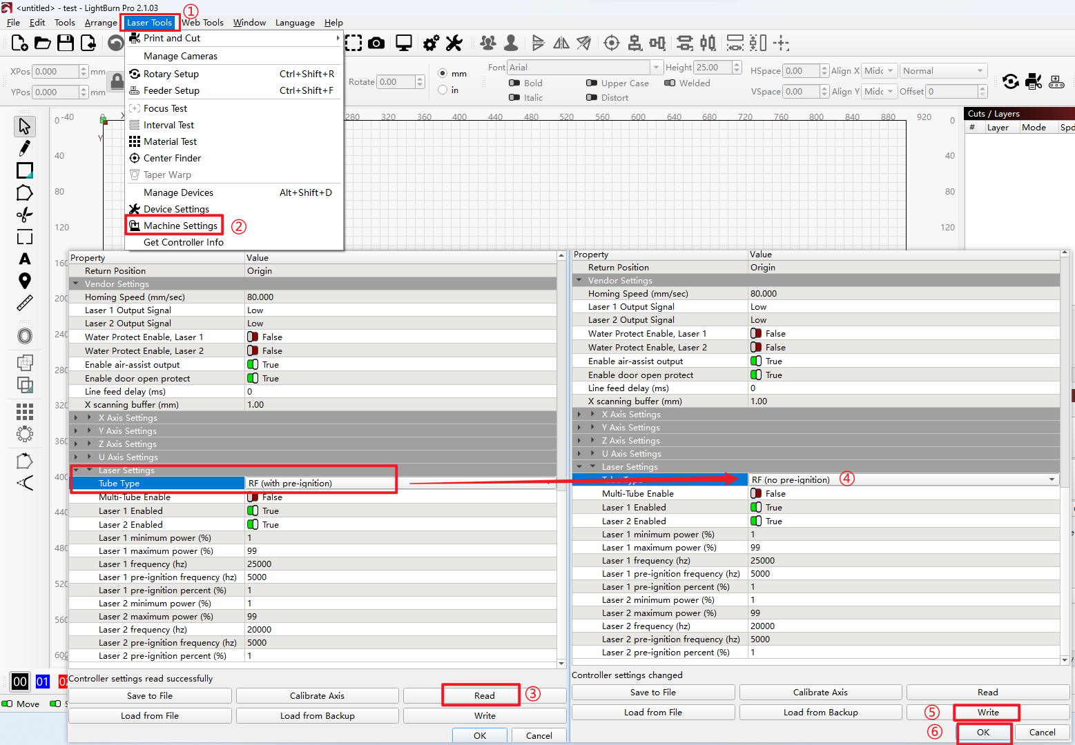 LightBurn Machine Settings showing the Laser Settings section with RF (no pre-ignition) selected