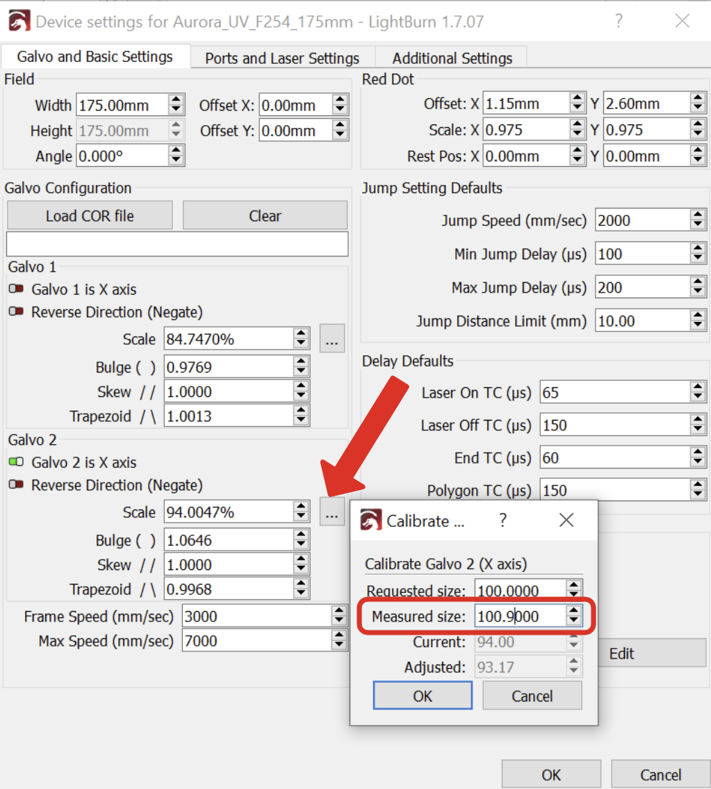 X axis correction settings