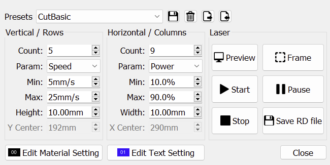 LightBurn Material Test Cut Basic Settings