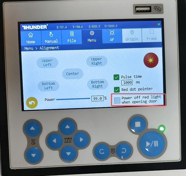 Factory setting menu on control panel
