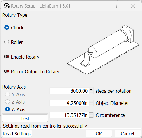 LightBurn Rotary Setup window