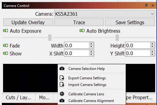 Import Camera Settings menu in LightBurn