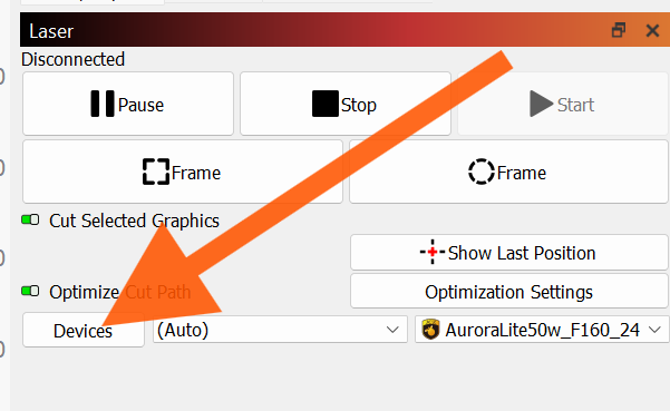 Devices button in Lightburn Laser window