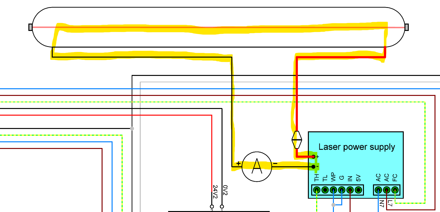 High voltage circuit diagram with yellow highlighted path